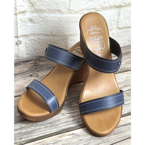 Italian Shoemaker Sandals Wedge Navy Blue Leather Straps Fits 10 M